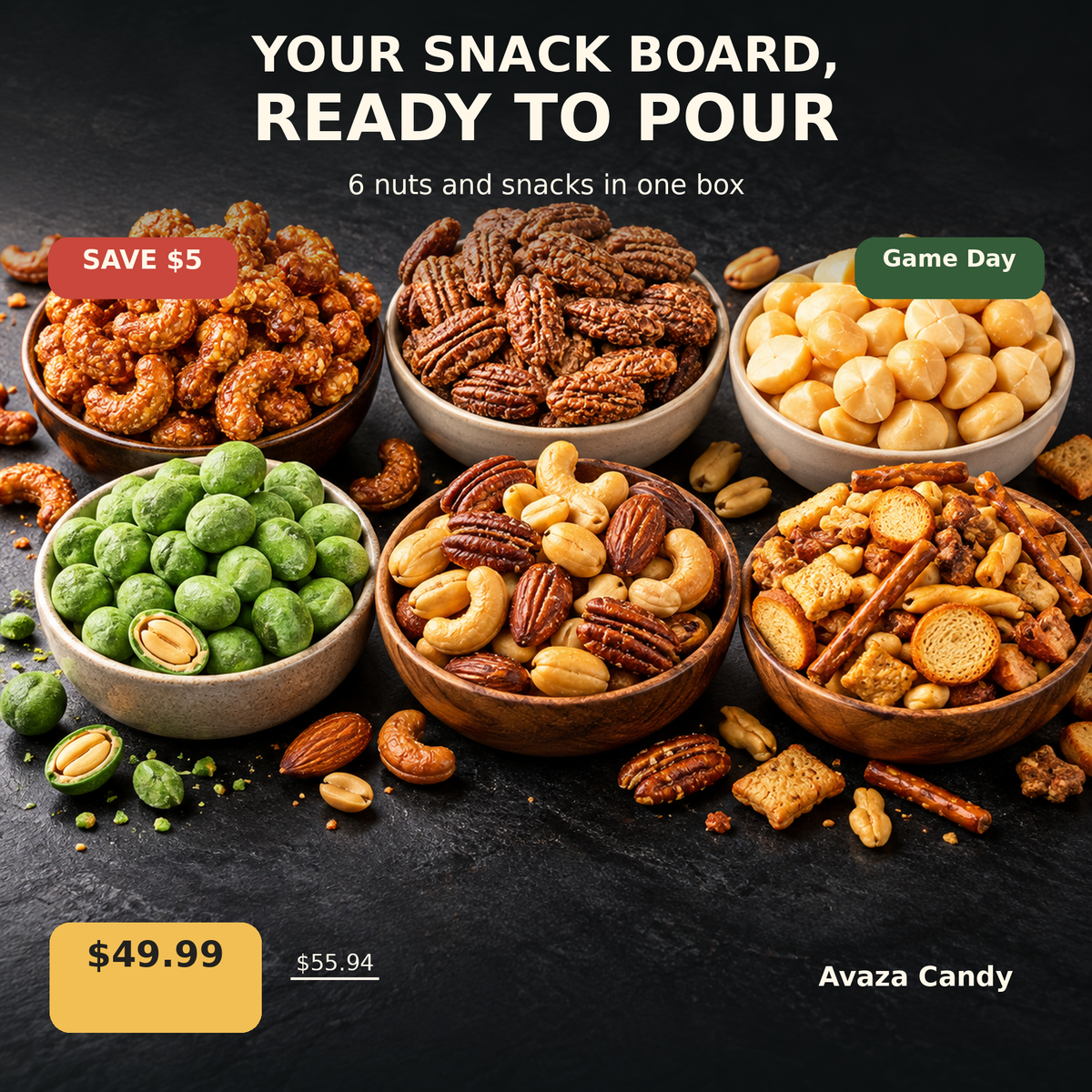 Nut Lover Snack Board Bundle with caramel cashews, praline pecans, macadamias, wasabi peanuts, mixed nuts and pub mix