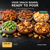 Nut Lover Snack Board Bundle with caramel cashews, praline pecans, macadamias, wasabi peanuts, mixed nuts and pub mix
