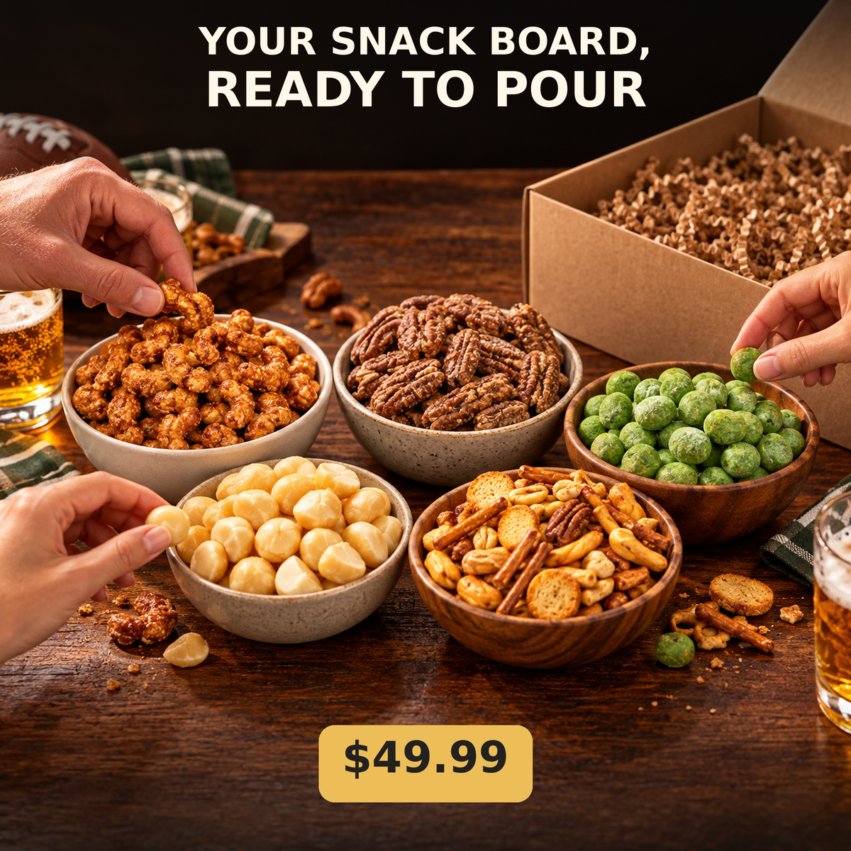 Nut snack board bundle served in bowls for game day