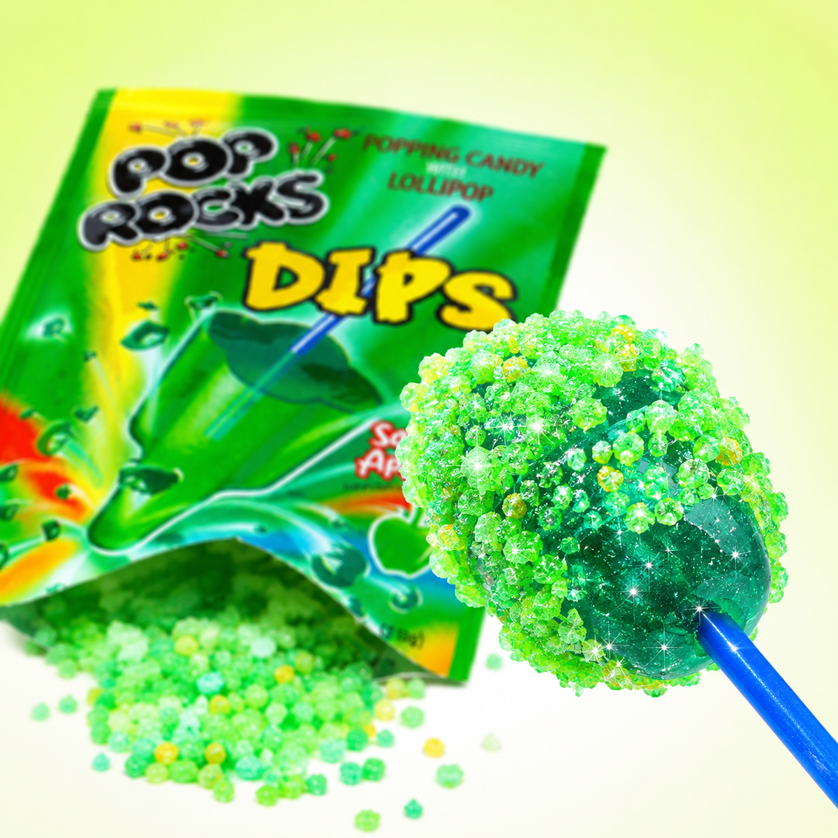 Candy stick coated in sour popping powder