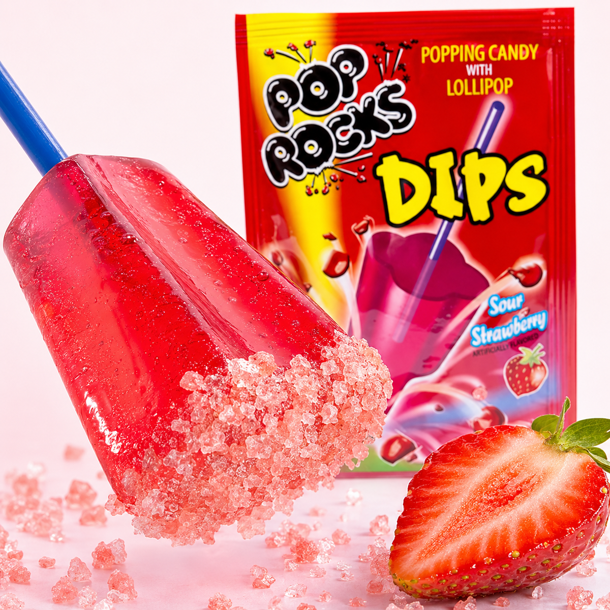 Candy stick coated in popping powder