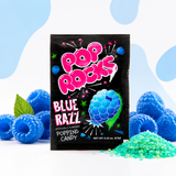 Close-up of blue raspberry popping candy crystals