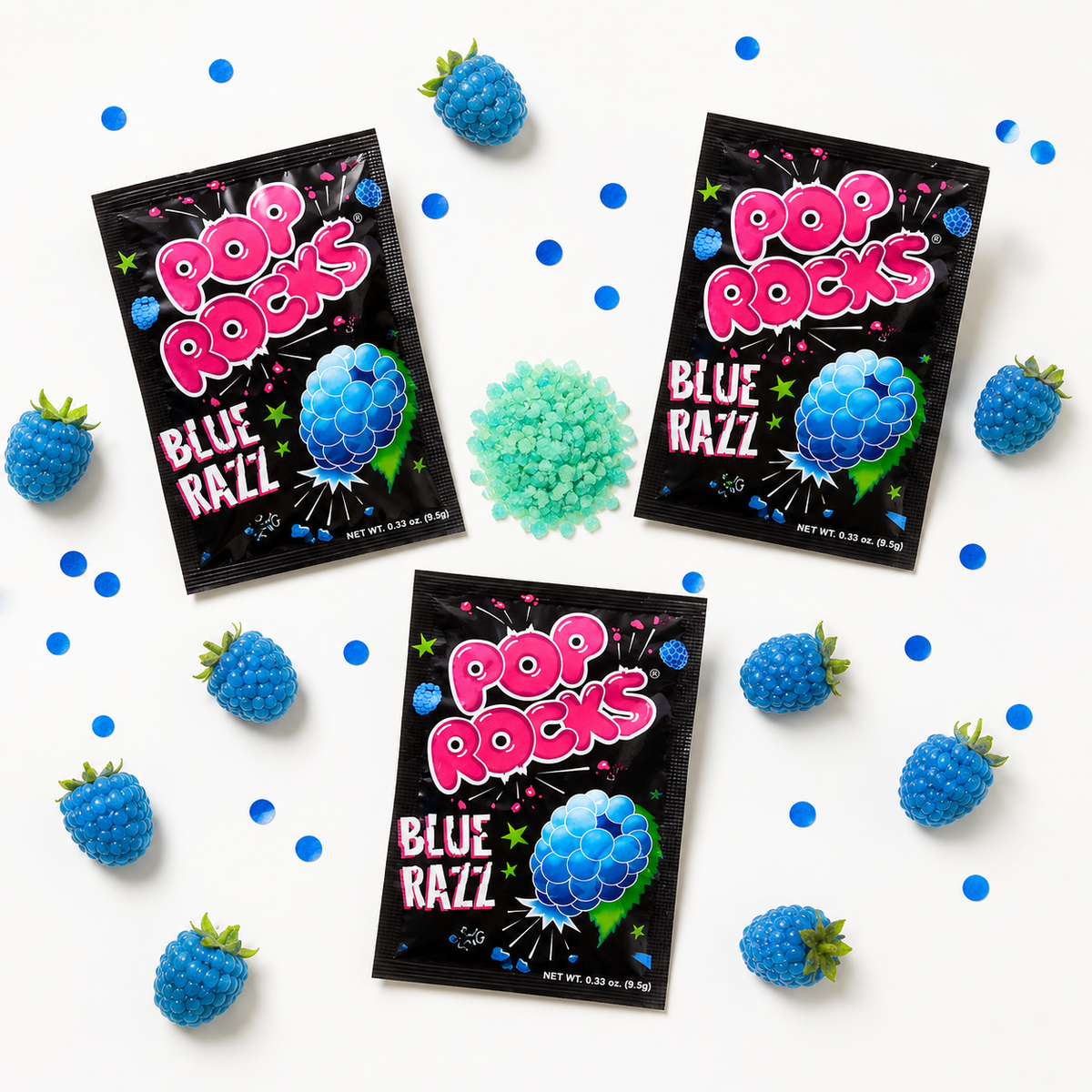 Blue razz Pop Rocks poured from the packet