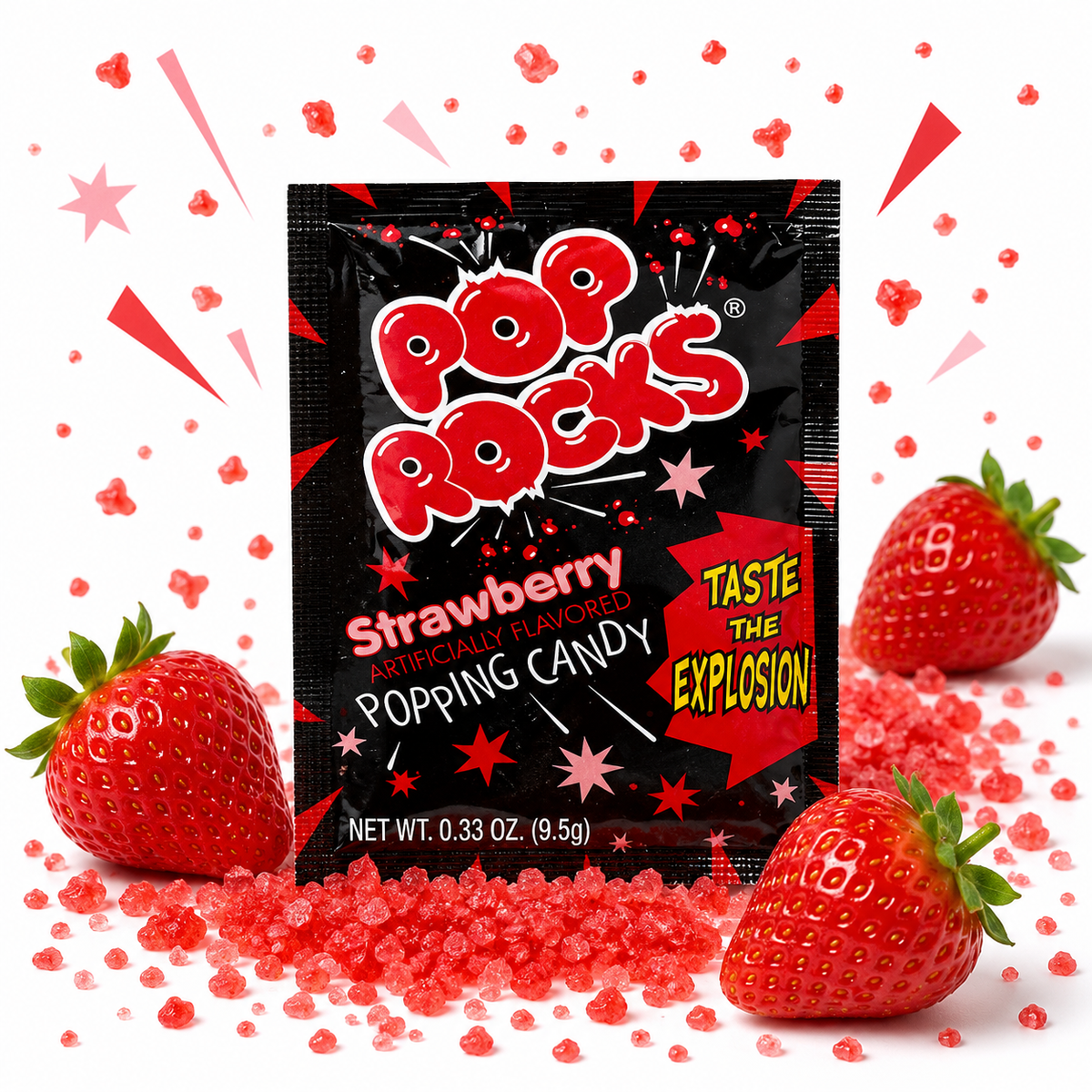 Close-up of strawberry popping candy crystals