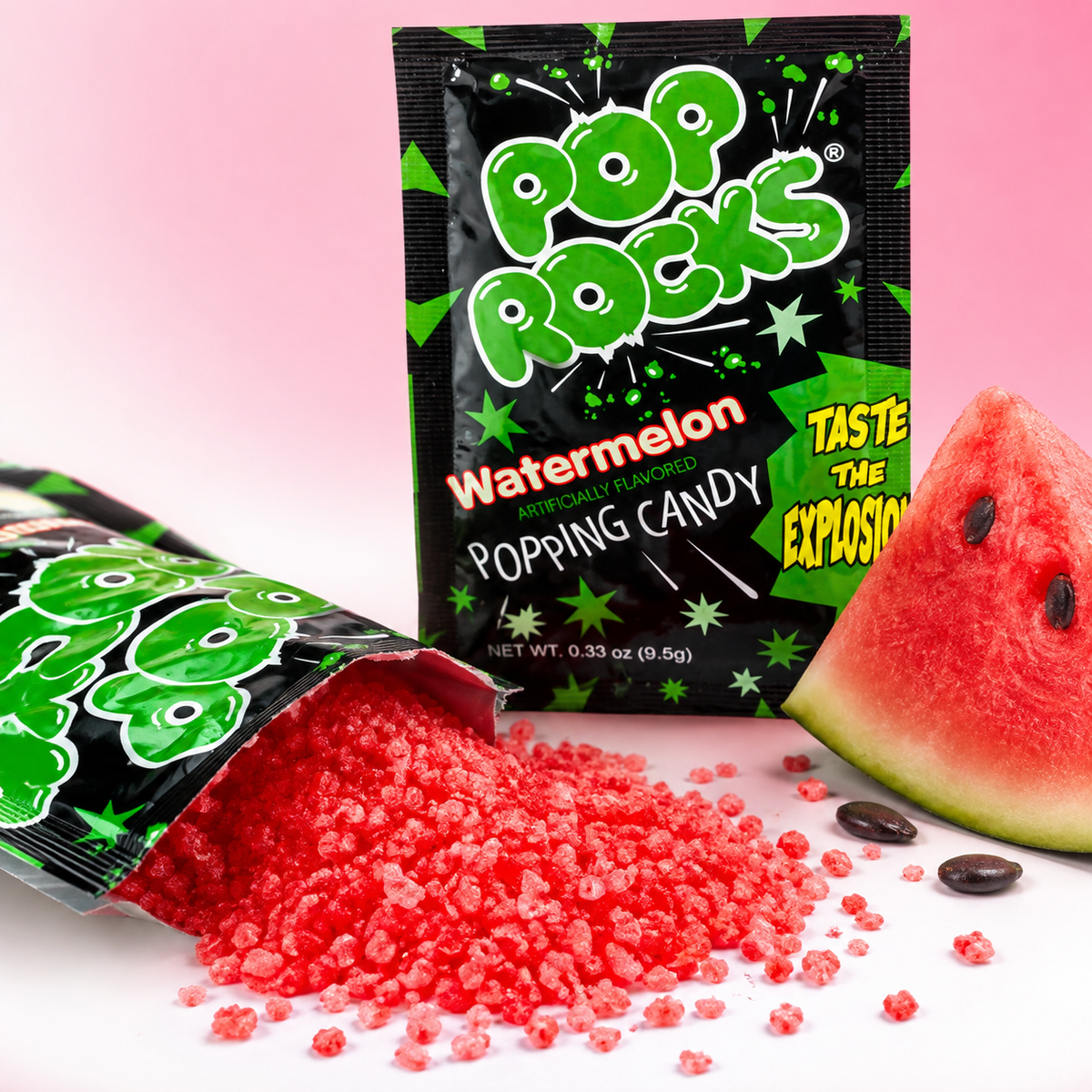 Open packet of watermelon Pop Rocks poured out