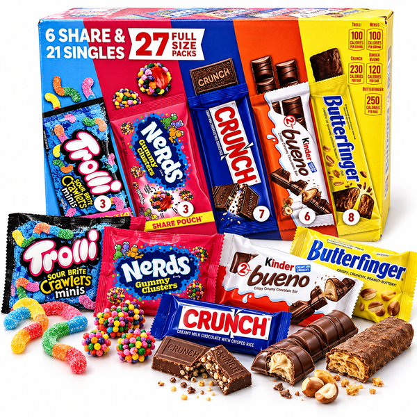 Candy bar variety box with Butterfinger, Crunch, Kinder Bueno, Nerds and Trolli packs