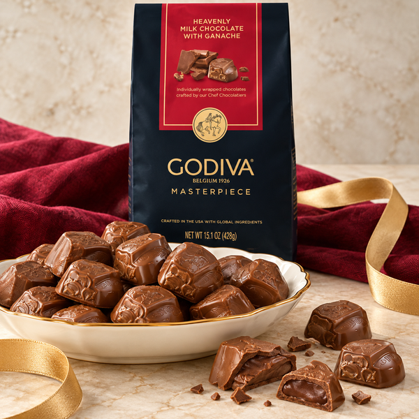 Godiva Masterpieces milk chocolate ganache bag with a bowl of chocolates and gold ribbon