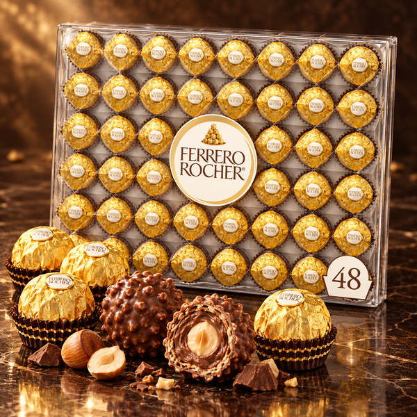 Ferrero Rocher 48 count gift box with unwrapped hazelnut chocolates