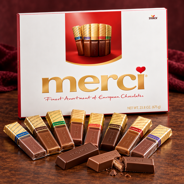 Merci Finest Assortment of European Chocolates gift box with wrapped chocolate bars