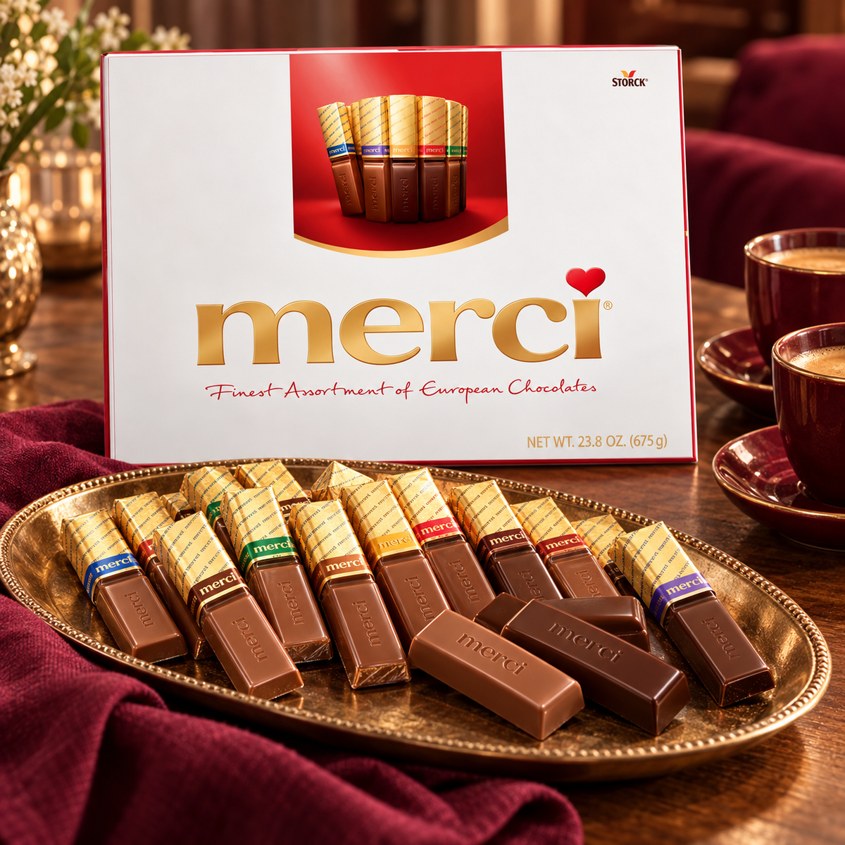 Merci gift box with an assortment of wrapped chocolates on a gold tray