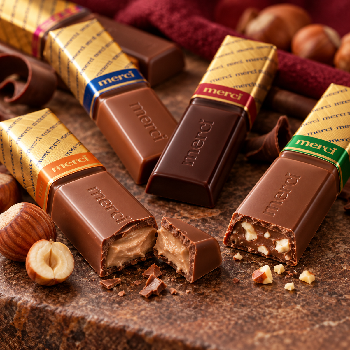 Close-up of Merci milk and dark chocolates with hazelnut filling
