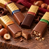 Close-up of Merci milk and dark chocolates with hazelnut filling