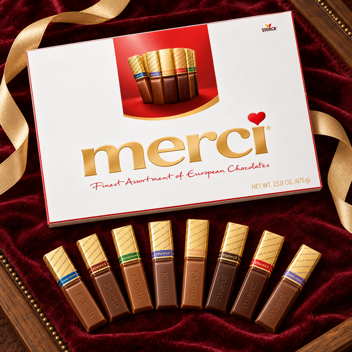 Merci 54 piece chocolate gift box with a row of wrapped chocolates