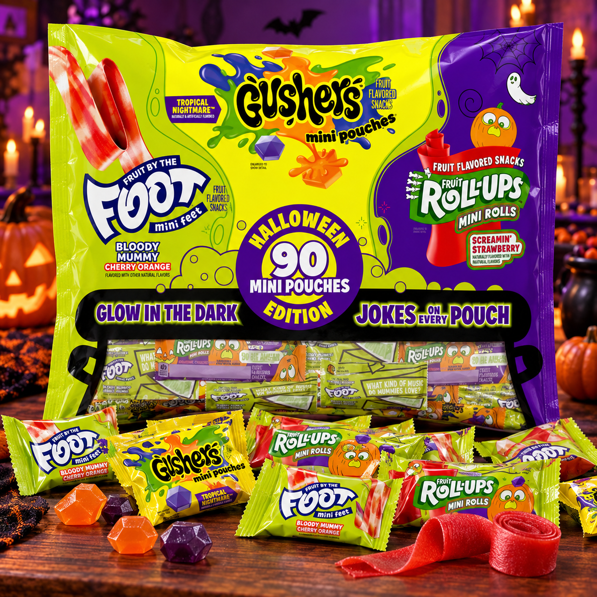 90 count Halloween fruit snacks bag with mini pouches and fruit snacks