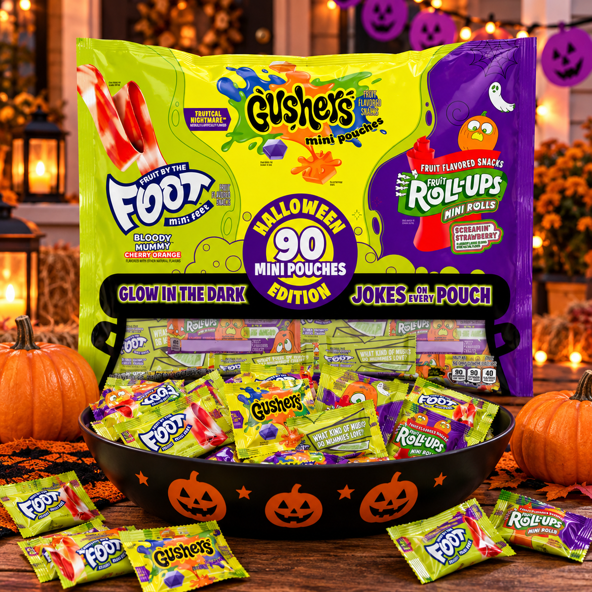 Halloween fruit snack pouches in a pumpkin bowl for trick-or-treaters