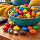 Bowl of Peanut M&M's on a coffee table for movie night