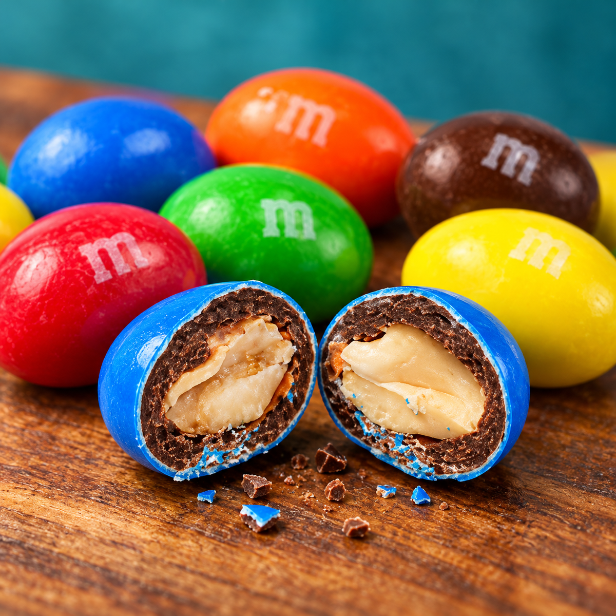 Close-up of Peanut M&M's cut in half showing the whole peanut inside