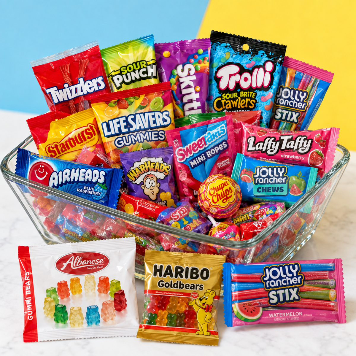 Party candy mix filling a serving bowl
