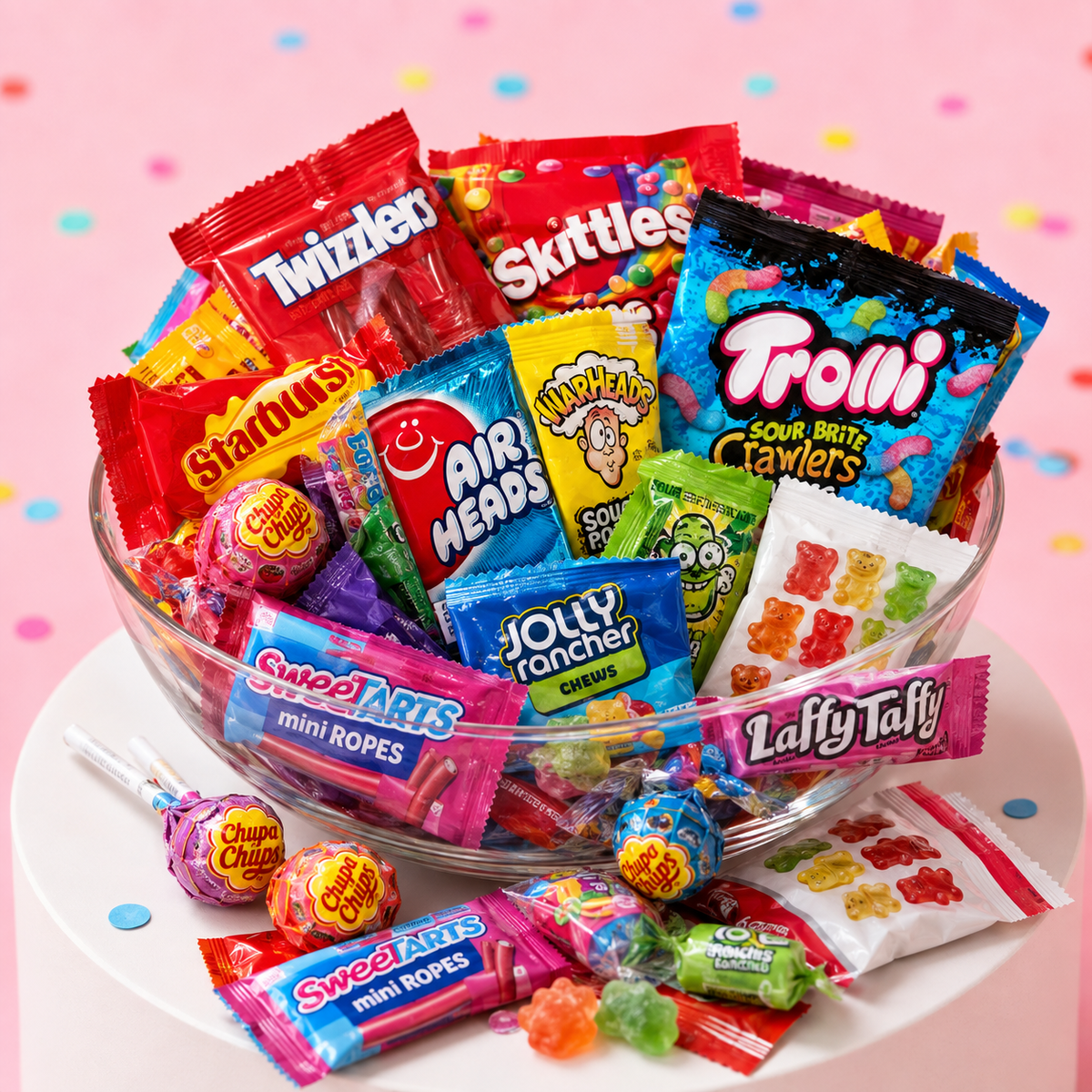 Close-up of the wrapped candy assortment
