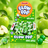 Charms Sour Apple Blow Pops 48 count box with green lollipops