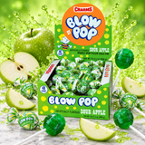 Charms Sour Apple Blow Pop unwrapped showing green candy shell