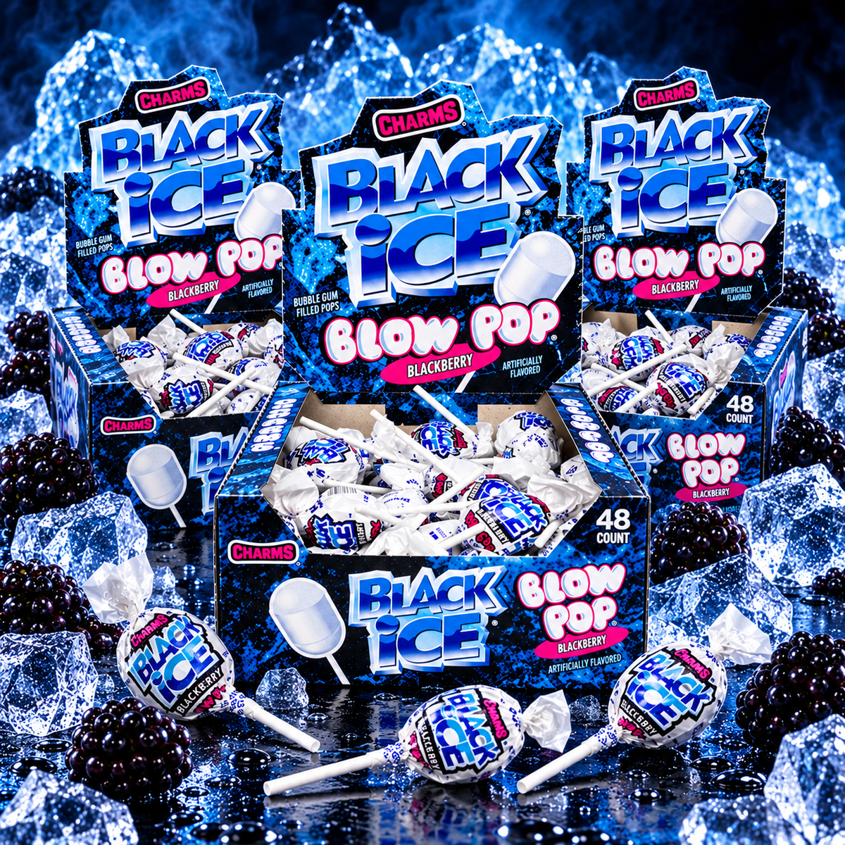 Charms Black Ice Blow Pop with bubble gum center