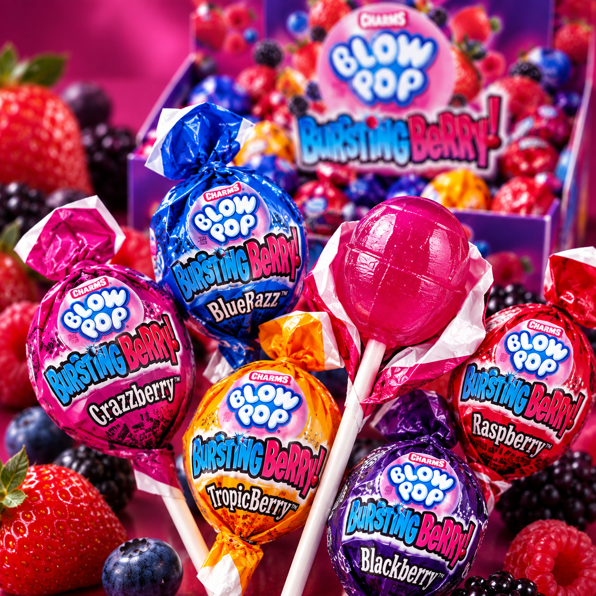 Pile of Bursting Berry Blow Pops in wrappers