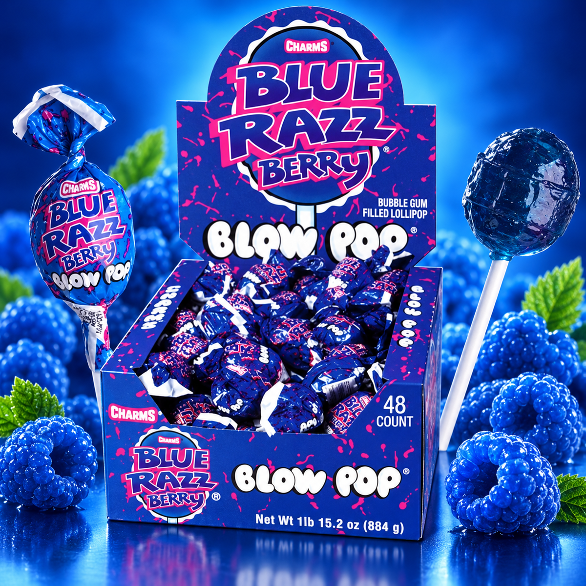 Charms Blue Raspberry Blow Pop unwrapped showing blue candy shell