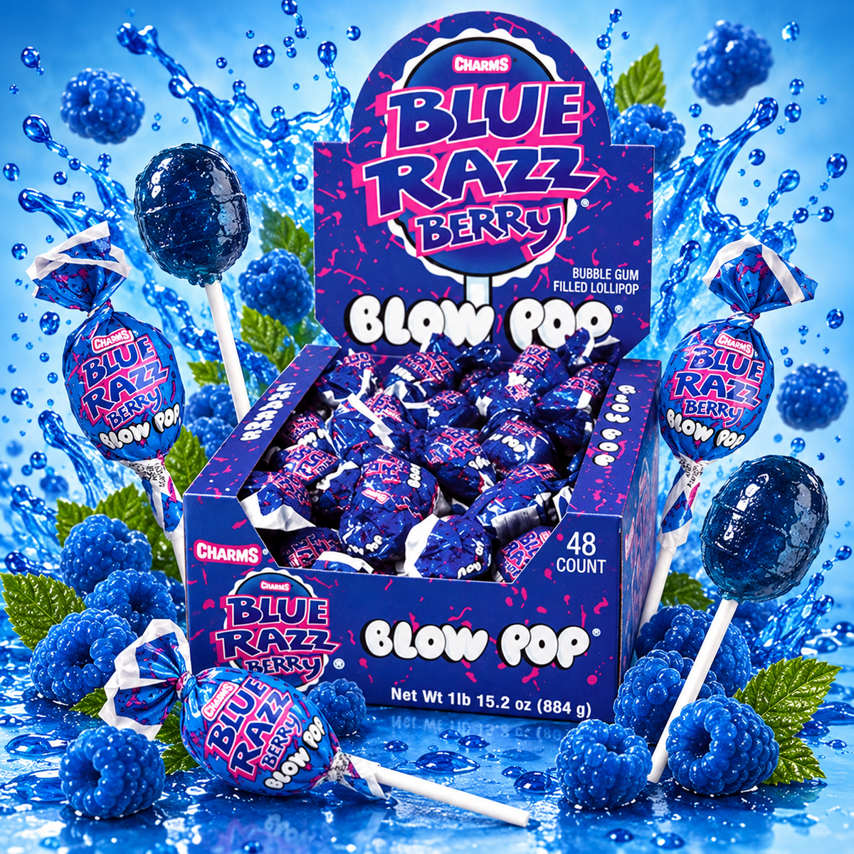 Charms Blue Raspberry Blow Pops 48 count box