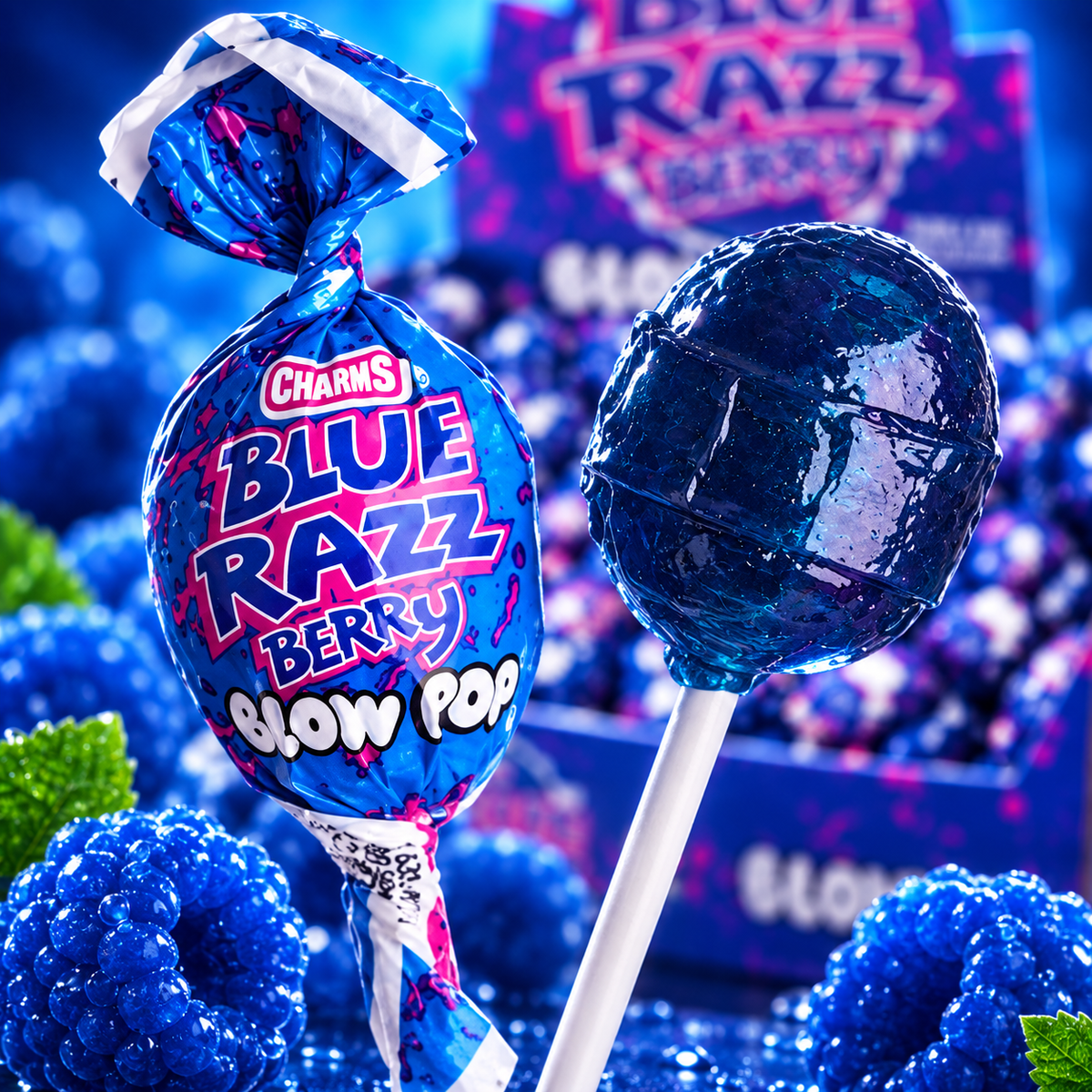 Pile of Blue Raspberry Blow Pops in blue wrappers