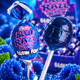 Pile of Blue Raspberry Blow Pops in blue wrappers