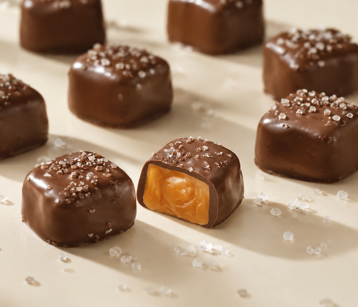 Milk chocolate caramels piled in a serving bowl