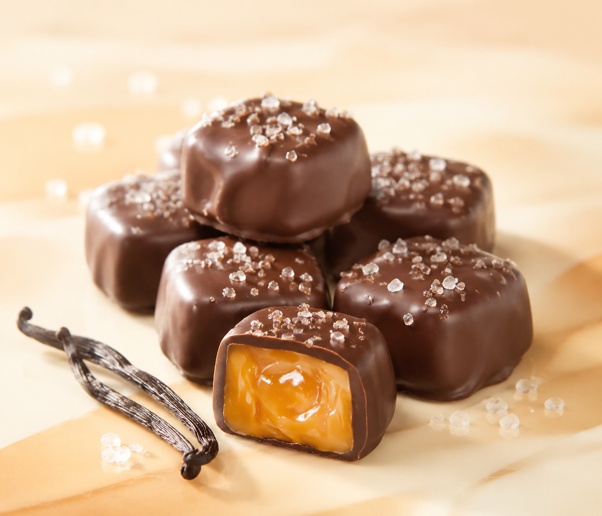 Milk chocolate sea salt caramels with salt crystals on top