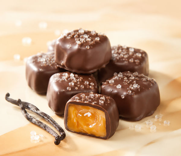 Milk chocolate sea salt caramels with salt crystals on top