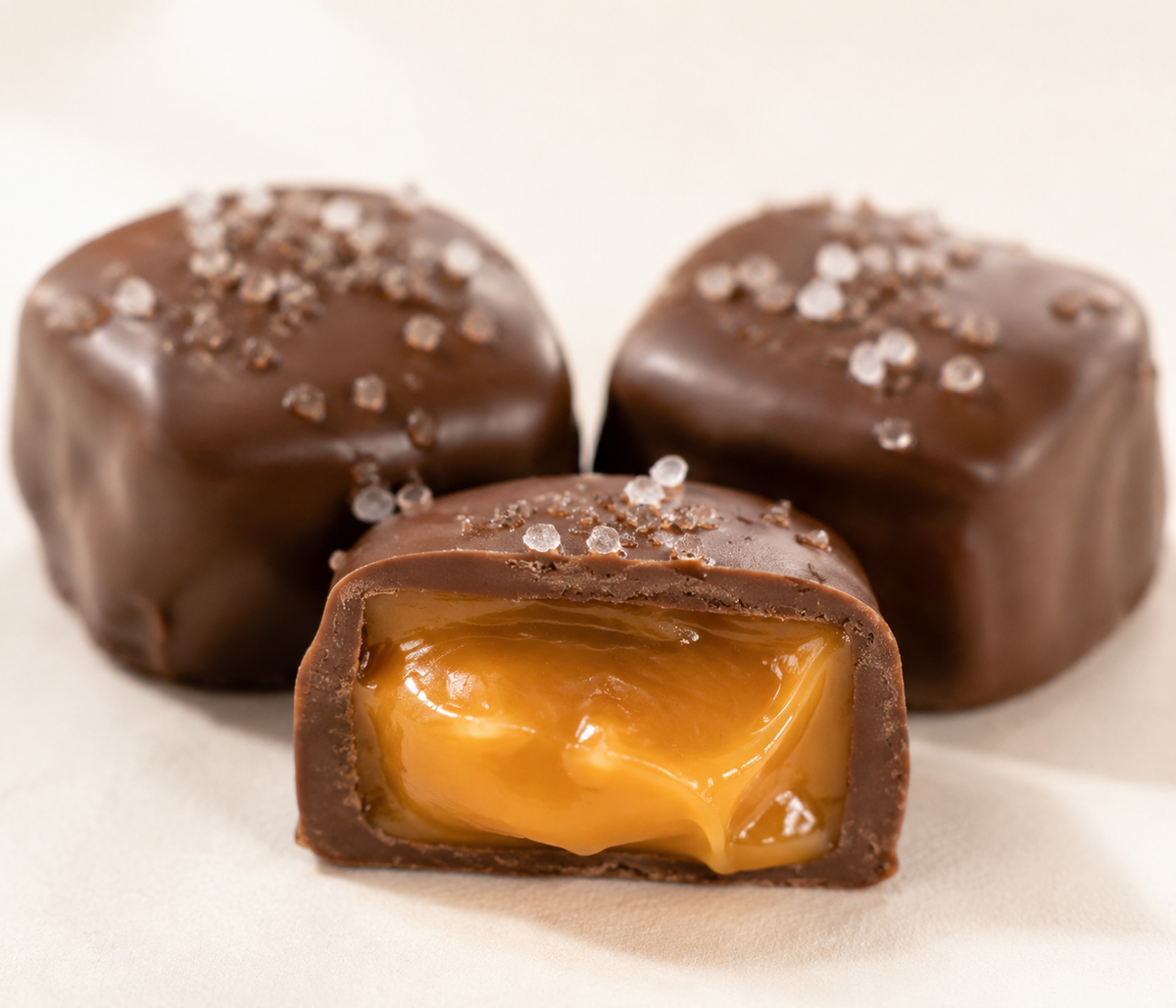 Caramel cut open to show the soft vanilla center