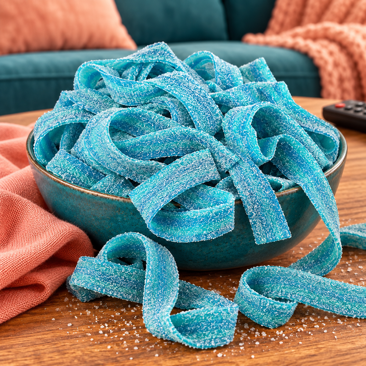Close-up of Blue Raspberry Sour Belts showing the sour sugar coating on blue raspberry candy belts