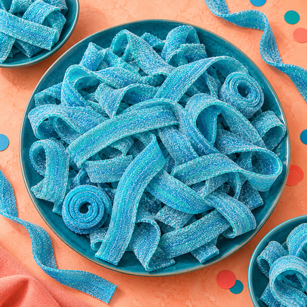 Pile of blue raspberry sour candy belts for parties and candy buffets