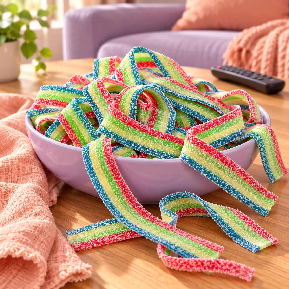 Close-up of Rainbow Sour Belts showing the sour sugar coating on mixed fruit candy belts
