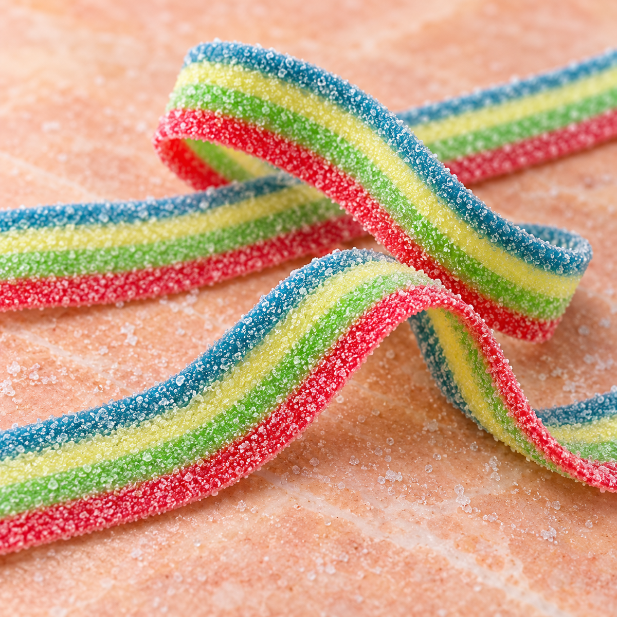 Rainbow Sour Belts sold by the pound at Avaza Candy, mixed fruit sour belt candy