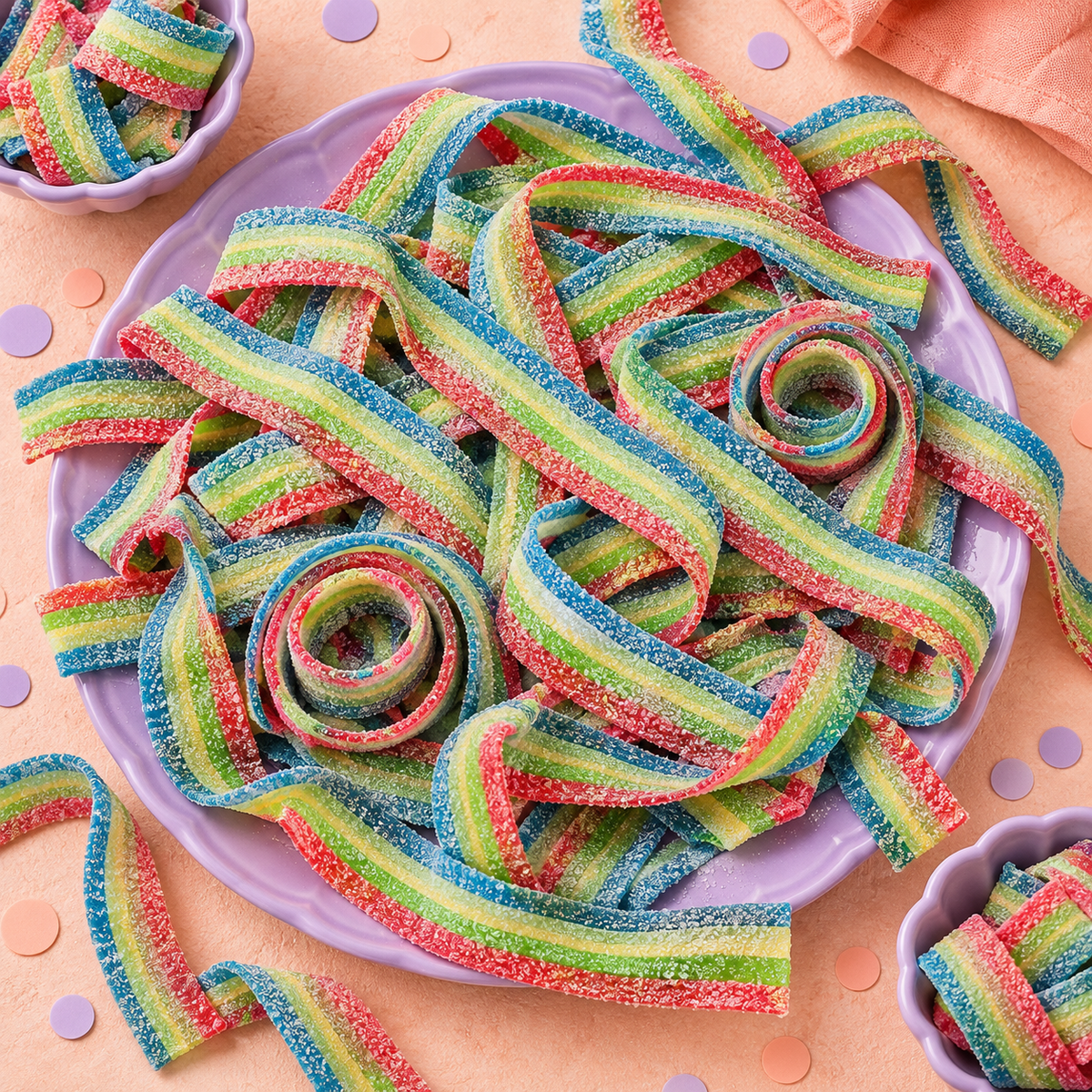 Pile of mixed fruit sour candy belts for parties and candy buffets