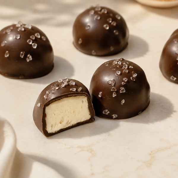 Dark chocolate sea salt caramels with salt crystals on top