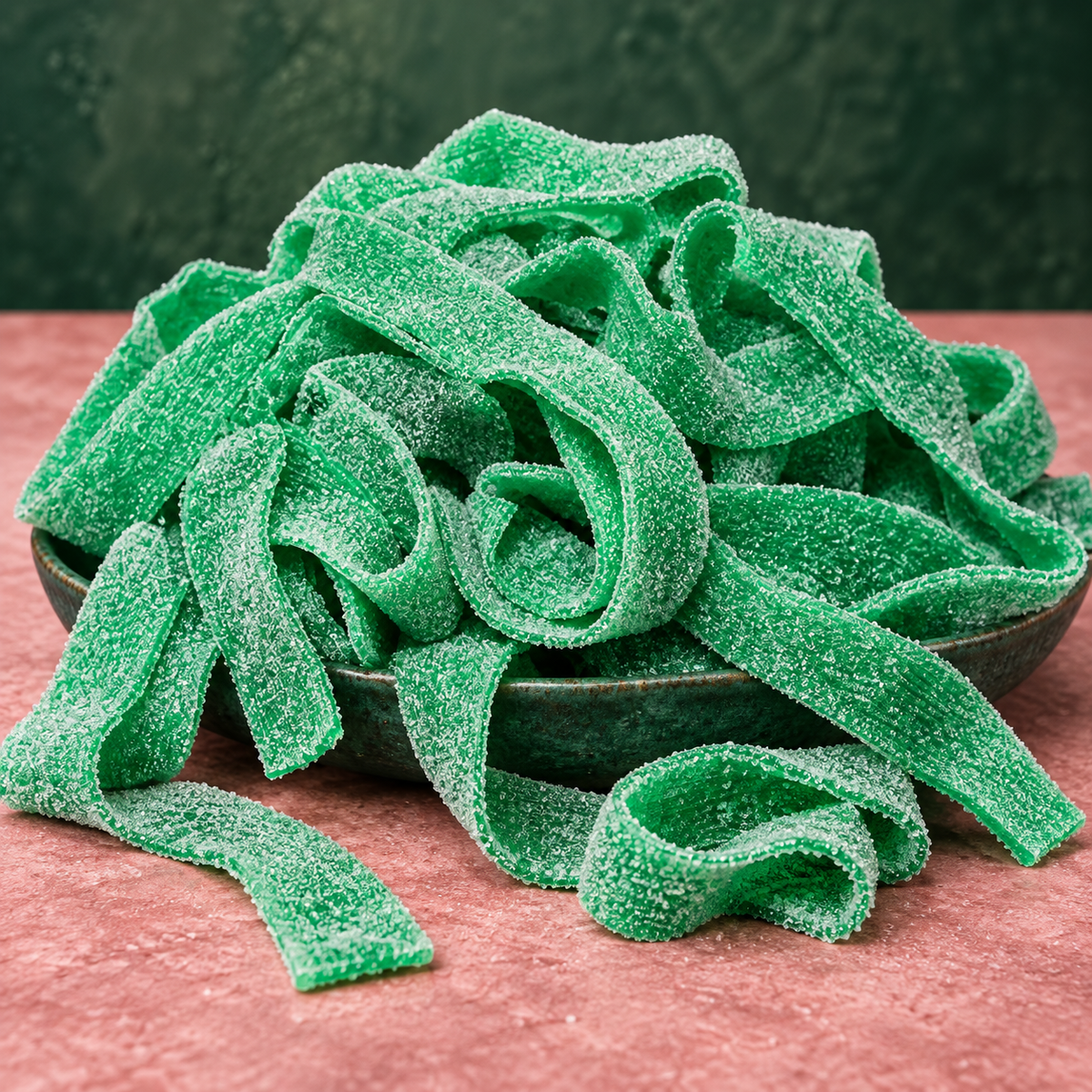 Green Apple Sour Belts in a bowl, chewy bright green sour candy strips coated in sour sugar