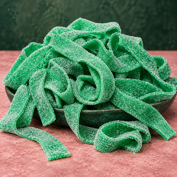 Green Apple Sour Belts in a bowl, chewy bright green sour candy strips coated in sour sugar