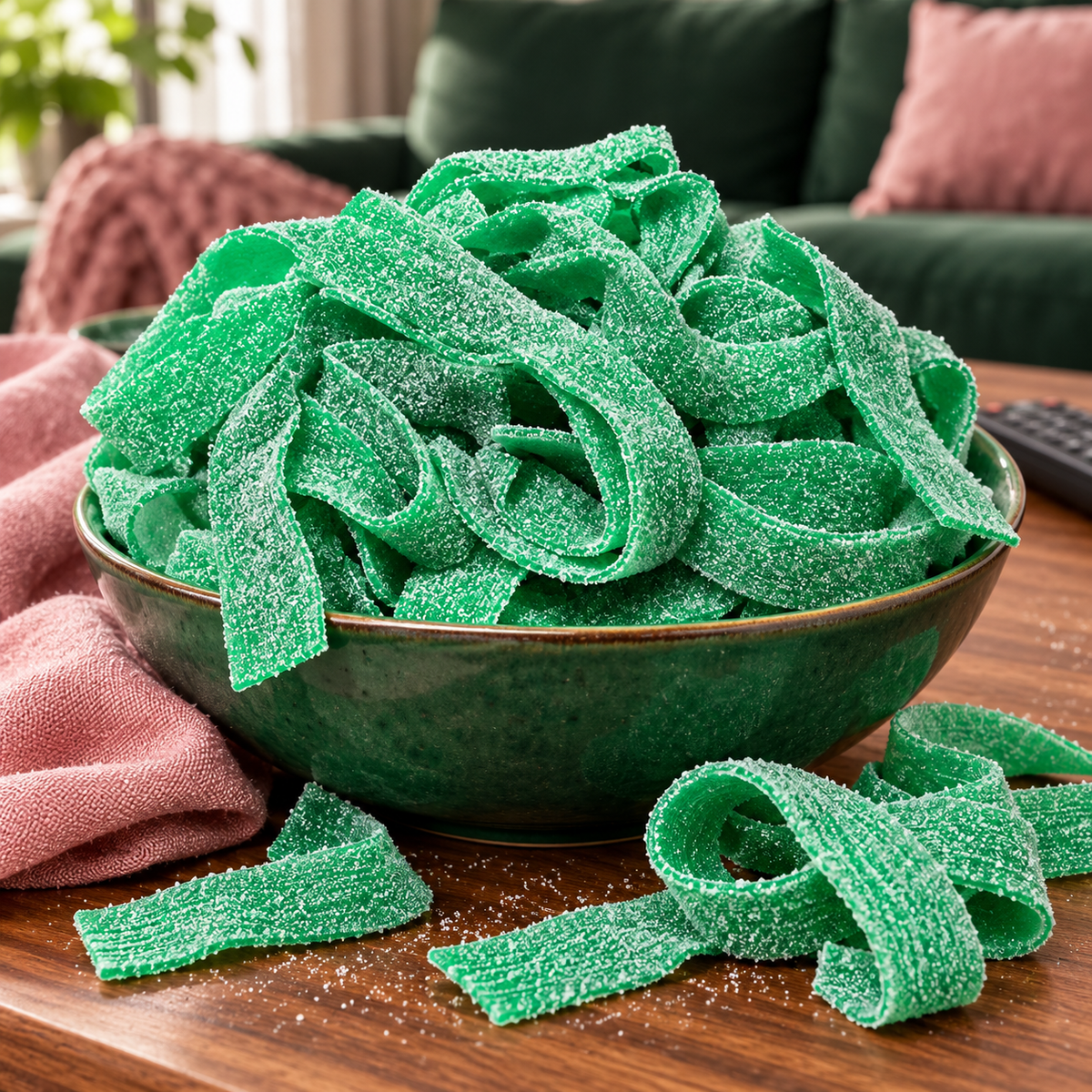 Close-up of Green Apple Sour Belts showing the sour sugar coating on green apple candy belts