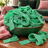 Close-up of Green Apple Sour Belts showing the sour sugar coating on green apple candy belts