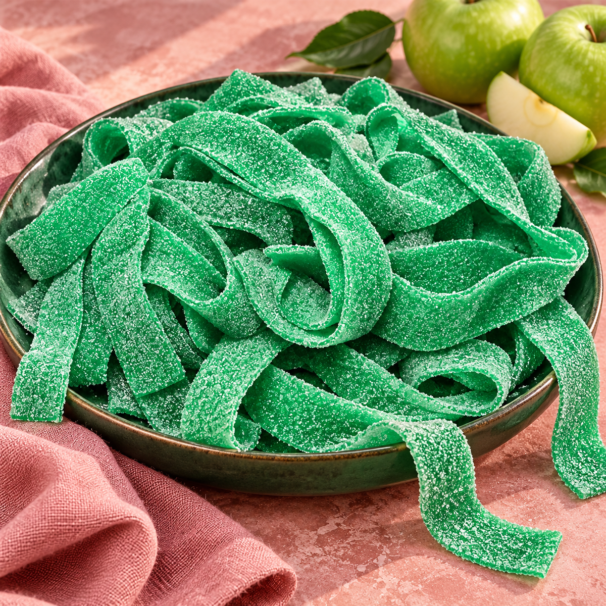 Pile of green apple sour candy belts for parties and candy buffets