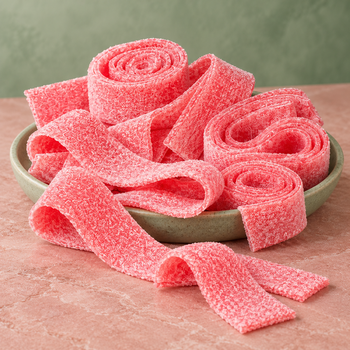 Strawberry Sour Belts in a bowl, chewy red sour candy strips coated in sour sugar
