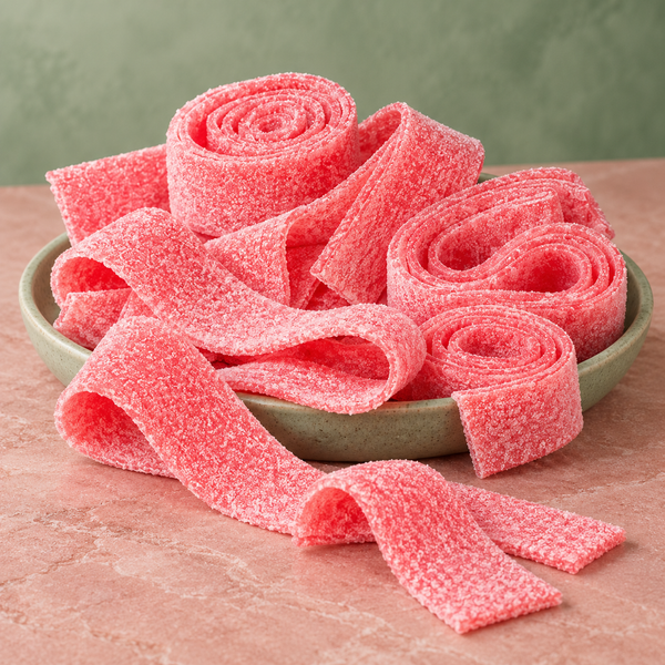 Strawberry Sour Belts in a bowl, chewy red sour candy strips coated in sour sugar