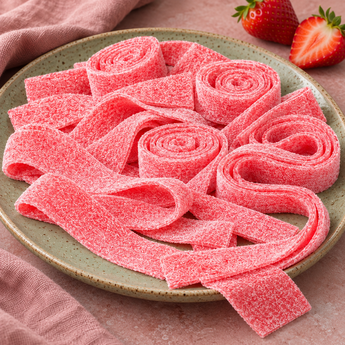 Pile of strawberry sour candy belts for parties and candy buffets