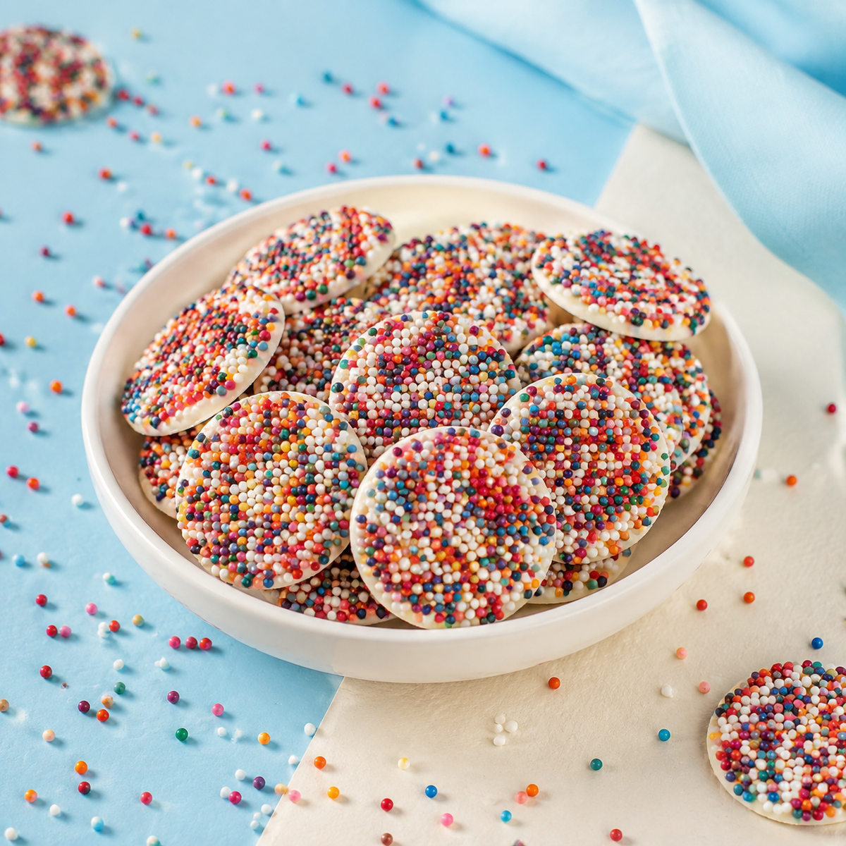 White chocolate nonpareils in a serving bowl